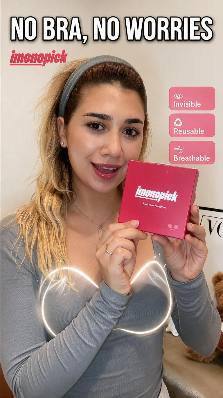 imonopick silicone nipple covers shown by a woman in a gray top, with “No Bra, No Worries” and invisible, reusable, breathable features