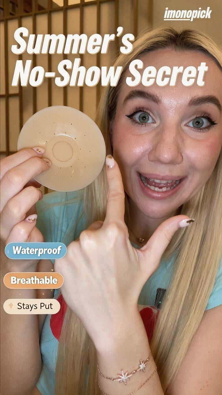 A woman with blonde hair holds up a beige silicone nose plug, pointing to it with her other hand. The image features promotional text overlays including 'Summer's No-Show Secret', 'Waterproof', 'Breathable', 'Stays Put', and the brand name 'imonopick'.
