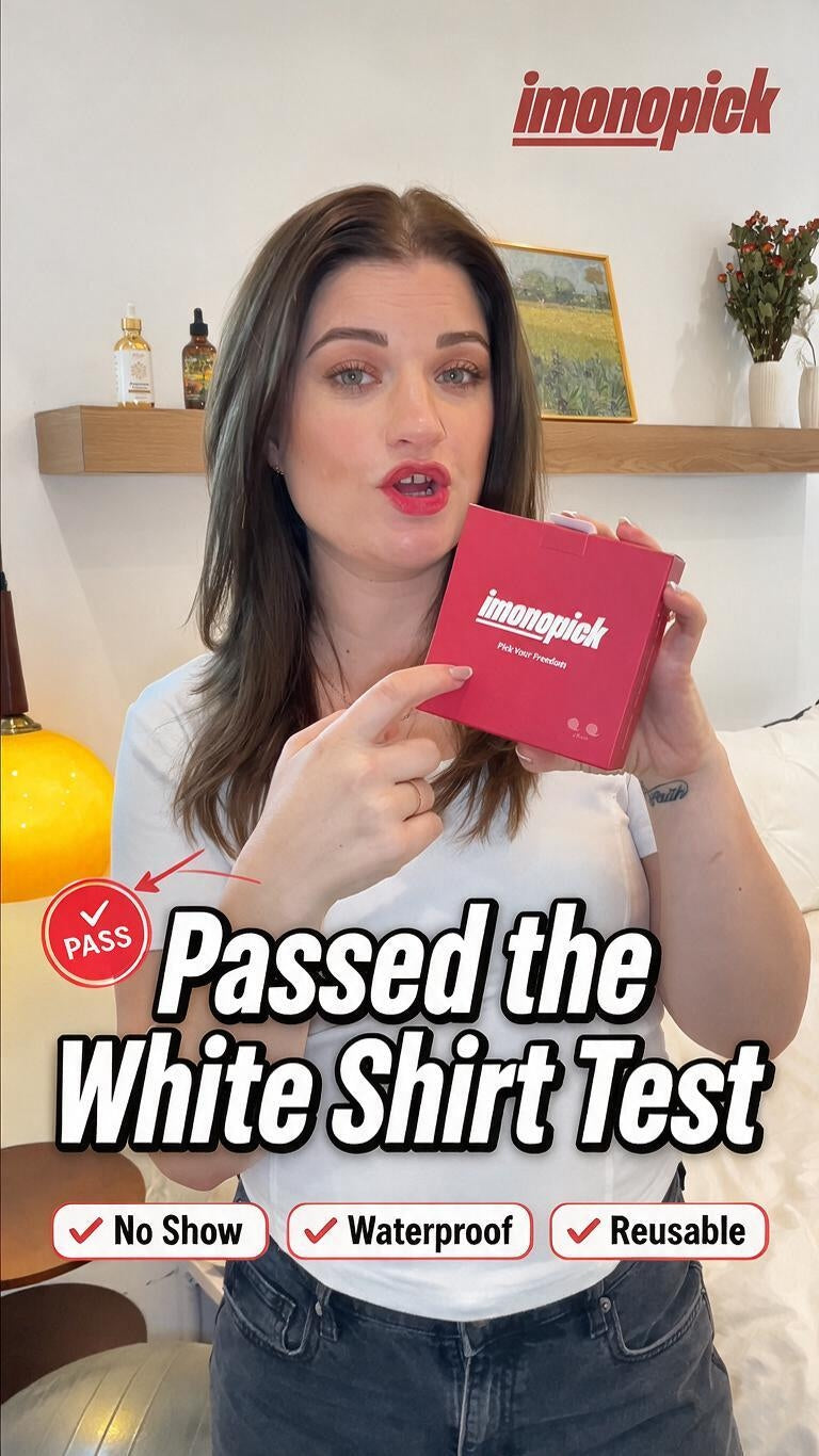 A woman holds up a red box of imonopick test strips in front of a white wall with shelves. Large text overlays read 'Passed the White Shirt Test' with features listed below: 'No Show', 'Waterproof', and 'Reusable'.