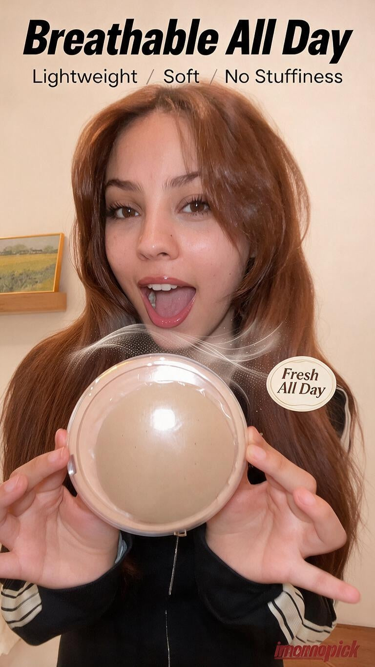 woman displaying imonopick silicone nipple covers in a clear case, with “Breathable All Day,” lightweight, soft, no stuffiness, and fresh all day text