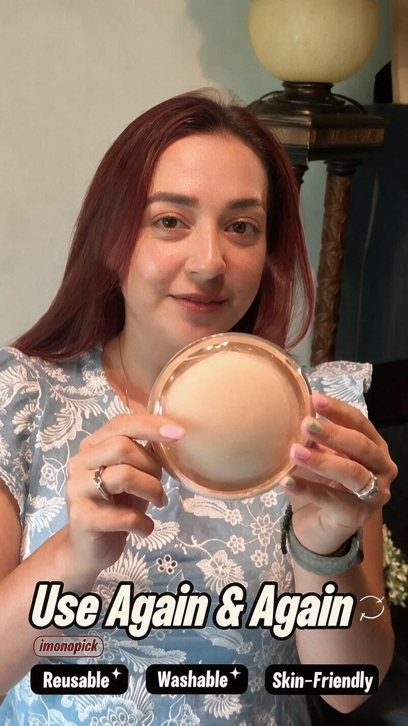 A woman with red hair holds up a reusable, washable, and skin-friendly imonopick silicone patch in a clear plastic case. The image features text overlays highlighting the product's key selling points: 'Use Again & Again', 'Reusable', 'Washable', and 'Skin-Friendly'.