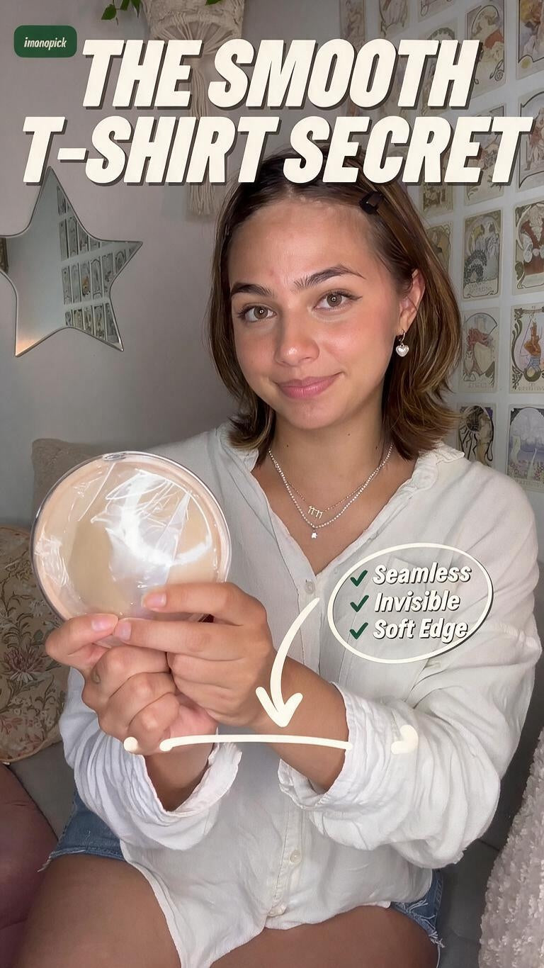 woman showing imonopick nude silicone nipple covers for a smooth T-shirt look, with “The Smooth T-Shirt Secret,” seamless, invisible, and soft-edge text