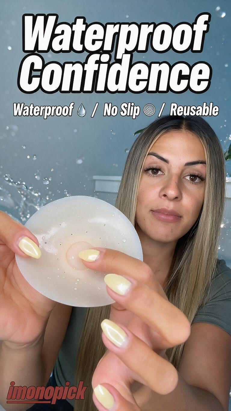 woman holding an imonopick silicone nipple cover with water droplets, with “Waterproof Confidence,” waterproof, no-slip, and reusable text