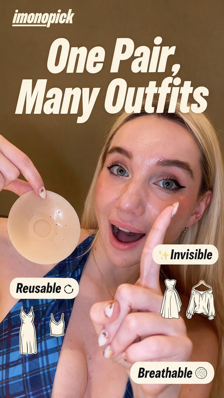 A woman holding up a beige imonopick reusable silicone bra insert against a brown background, with promotional text reading 'One Pair, Many Outfits' and labels 'Reusable', 'Invisible', and 'Breathable'.