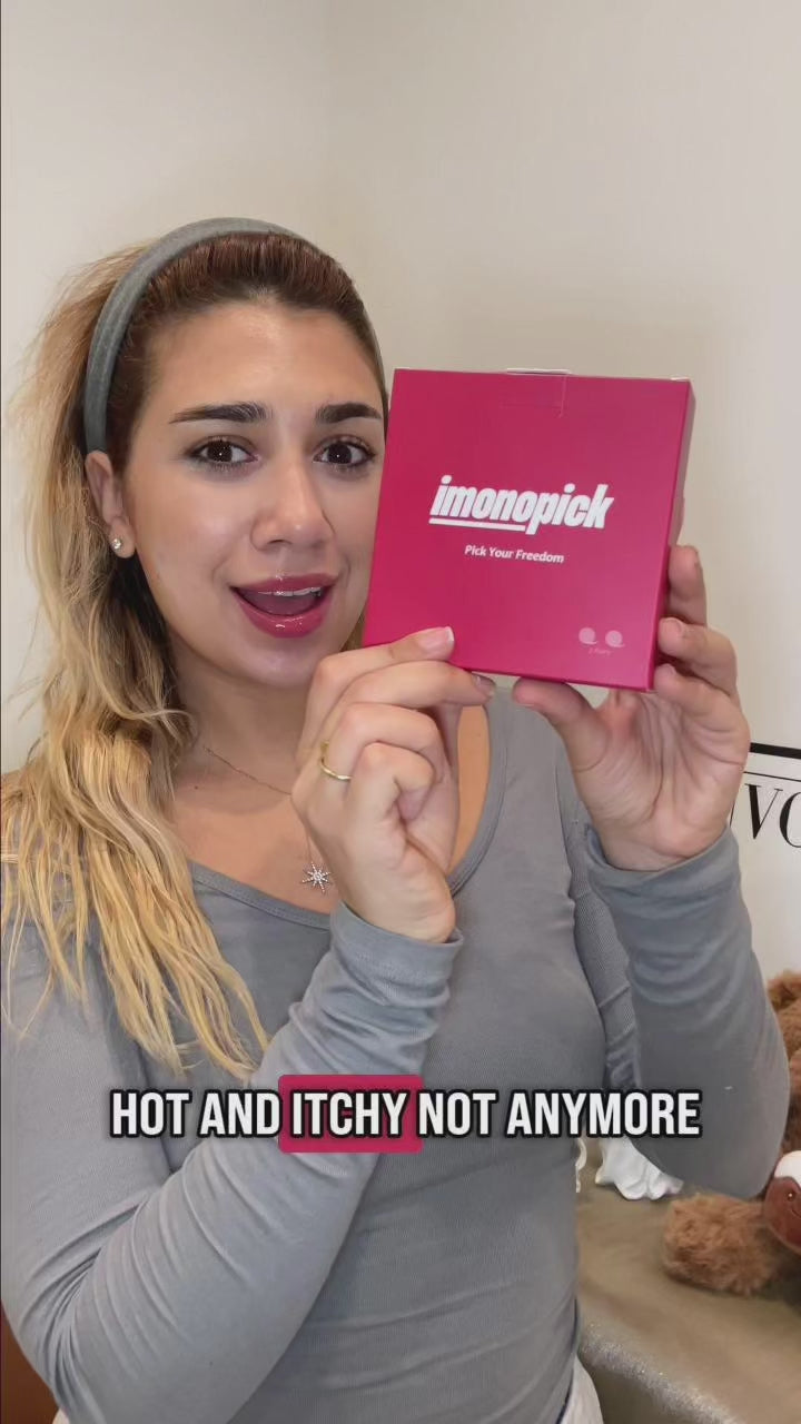 imonopick silicone nipple covers shown by a woman in a gray top, with “No Bra, No Worries” and invisible, reusable, breathable features