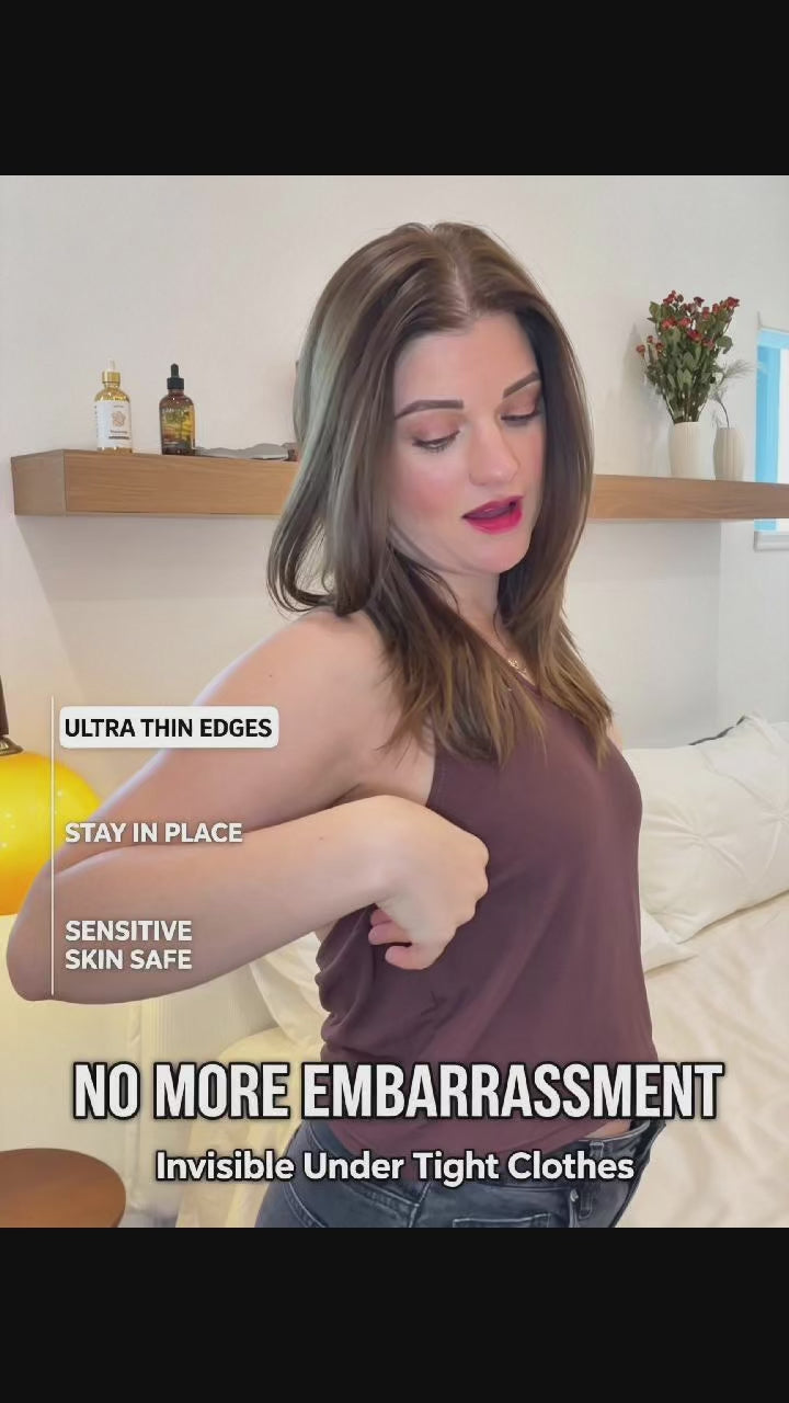 woman holding imonopick nipple covers for a white shirt test, with “Passed the White Shirt Test,” no-show, waterproof, and reusable text